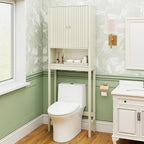 Tangkula Over The Toilet Storage Cabinet, Bathroom Space Saver with Fluted Doors Adjustable Shelf & Bottom Bar, Freestanding Above Toilet Storage Cabinet Organizer for Laundry, Restroom (Cream White)