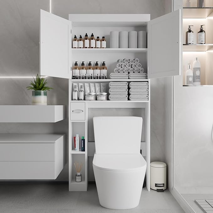 Over-The-Toilet Storage Cabinet - 2 Door Bathroom Organizer with Adjustable Shelves, Farmhouse Style Space-Saving Rack for Bathroom, Toilet, Laundry Room (White)