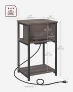 VASAGLE Side Table with Charging Station, 3-Tier End Table with USB Ports and Outlets, Nightstand for Living Room, Bedroom, 11.8 x 13.4 x 22.8 Inches, Plug-in Series, Chestnut Brown and Black