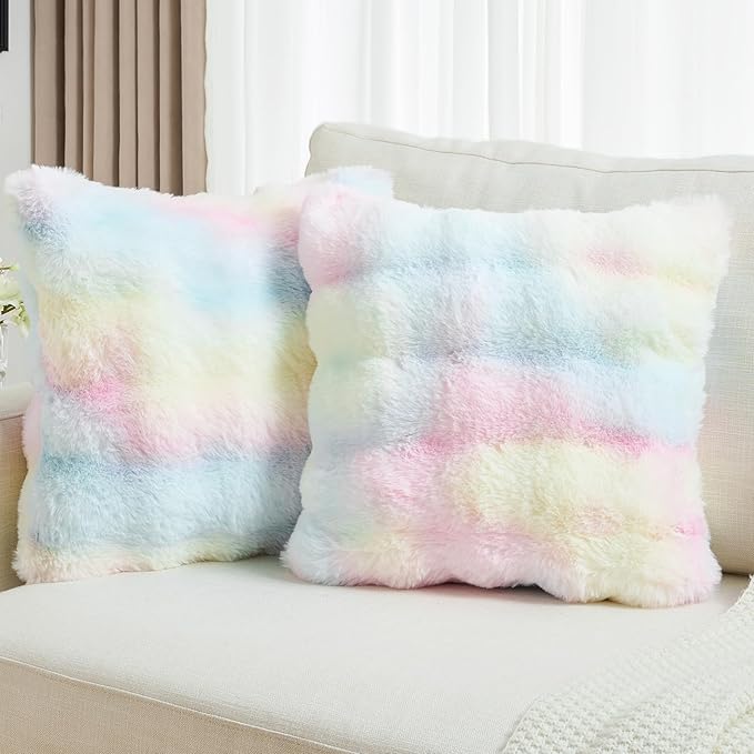 FUTEI Rainbow Decorative Throw Pillow Covers 24x24 Inch Set of 2,Soft Fuzzy Faux Rabbit Fur European Cushion Covers with Raised Texture,Neutral Boho Home Decor for Couch Bed Living Room