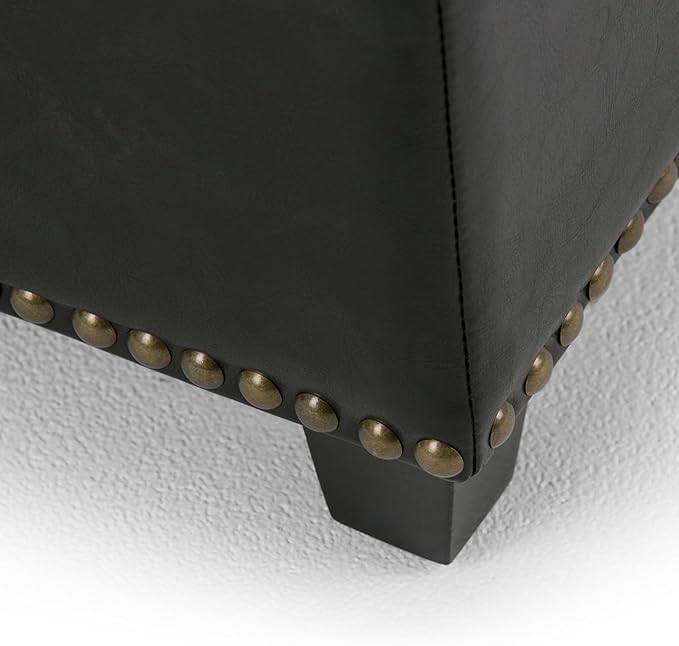 SIMPLIHOME Kingsley 48 inch Wide Transitional Rectangle Large Storage Ottoman in Midnight Black Vegan Faux Leather, Assembled, For the Living Room, Entryway and Family Room