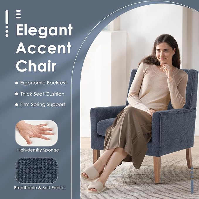 COLAMY Modern Wingback Living Room Chair Set of 2, Upholstered Fabric Accent Armchair, Single Sofa Chair with Lounge Seat and Wood Legs for Bedroom/Office/Reading Spaces, Blue