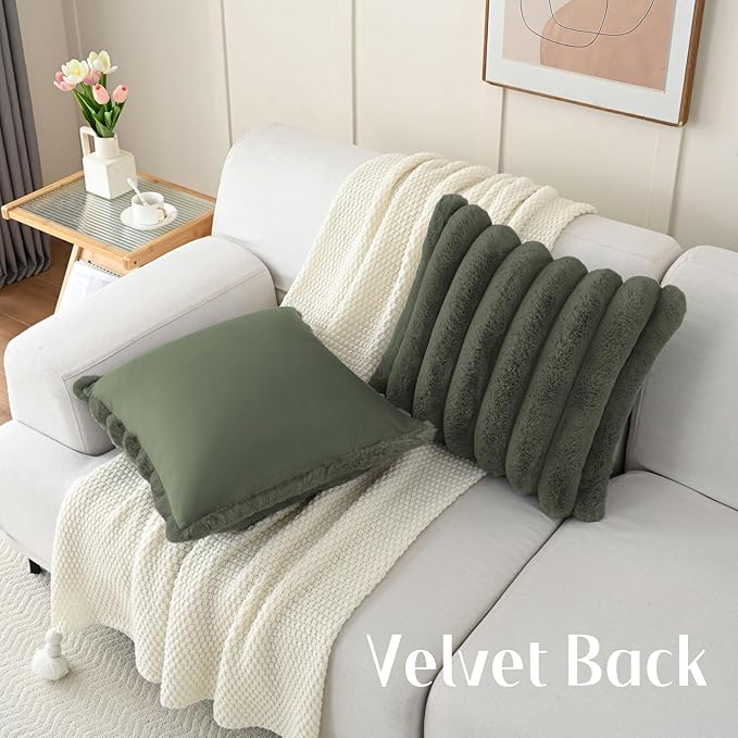 FUTEI Olive Green Decorative Throw Pillow Covers 20x20 Inch Set of 2, Square Soft Faux Rabbit Fur Big Striped Cushion Cover,Home Decor for Couch Sofa Bed Living Room