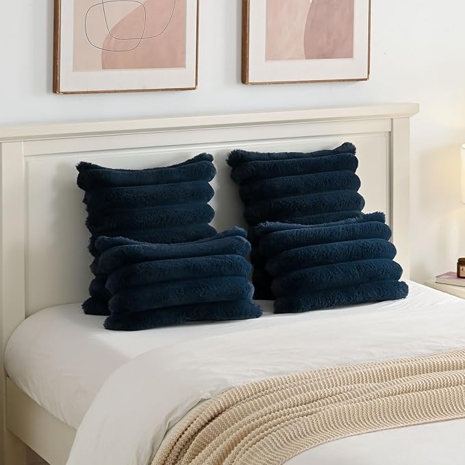 FUTEI Navy Blue Decorative Throw Pillow Covers 20x20 Inch Set of 2, Square Soft Faux Rabbit Fur Thick Striped Cushion Cover,Winter Home Decor for Couch Bed Living Room