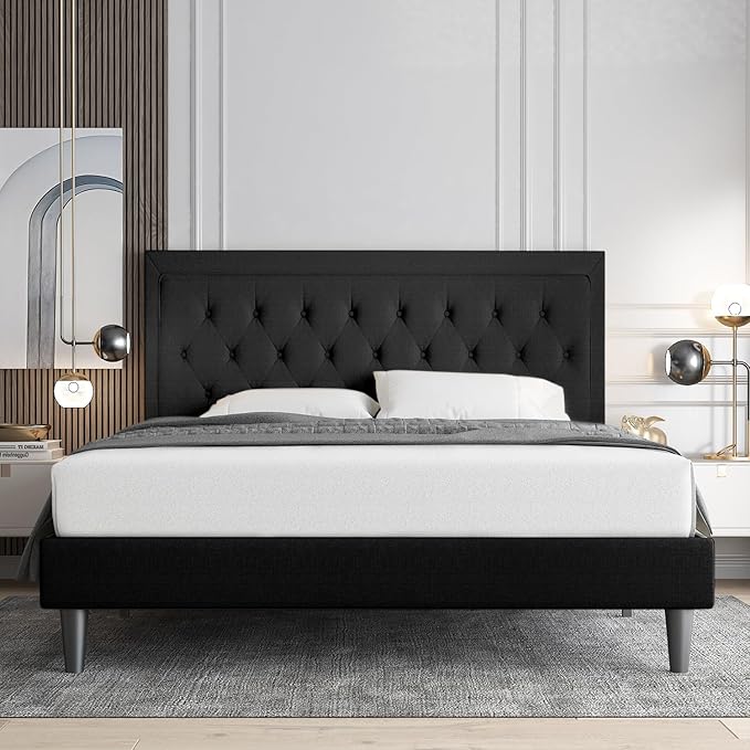 Allewie Queen Size Upholstered Platform Bed Frame with Adjustable Headboard, Button Tufted, Wood Slat Support, Easy Assembly, Black