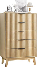 Modern Fluted 5 Drawer Tall Dresser, 48" H, Natural Oak, Curved Profile Design, Mid Century Wood Chest of Drawers for Bedroom, Living Room, Hallway