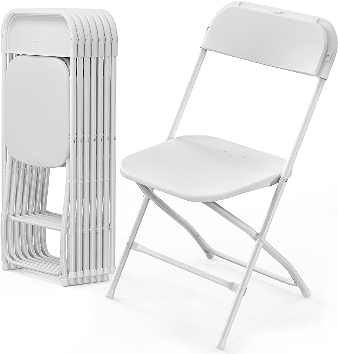 VINGLI 8 Pack White Plastic Folding Chair, Indoor Outdoor Portable Stackable Commercial Seat with Steel Frame 350lb. Capacity for Events Office Wedding Party Picnic Kitchen Dining