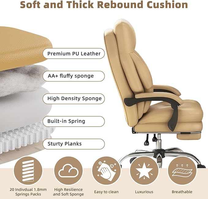 Home Office Desk Chair, 90°-160° Reclining, High Back Executive OfficeChair 400LBS with Footrest, Ergonomic Scratch-Resistant Faux Leather Computer Gaming Chair with Lumbar Support