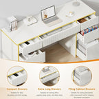 58 Inch White Desk with 7 Drawers, White and Gold Computer Desk with File Drawers for Bedroom, Home Office Desk for Study, Living Room
