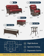 HILLGA Luxury Patio Furniture Set with 6-inch Thick Cushion, Outdoor Couch and High Back Swivel Rocker Patio Chairs, 10PCS Wicker Conversation Set for Deck Yard and Poolside, Burgundy (V2)
