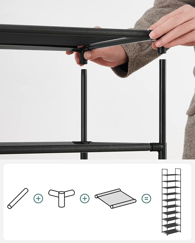 SONGMICS Shoe Rack, 10-Tier Shoe Storage Organizer, Space-Saving, 11 x 32.7 x 62.6 Inches, Entryway, Metal Frame, Non-Woven Fabric Shelves, Ink Black ULSH210B02