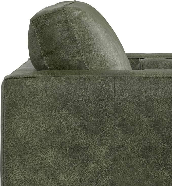 SIMPLIHOME Morrison Accent Chair - 43 inch Wide Upholstered Top Grain Genuine Leather Mid-Century Modern Arm Chair with Solid Wood Frame in Moss Green, for Living Room with 2 Bolster Pillows