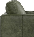 SIMPLIHOME Morrison Accent Chair - 43 inch Wide Upholstered Top Grain Genuine Leather Mid-Century Modern Arm Chair with Solid Wood Frame in Moss Green, for Living Room with 2 Bolster Pillows