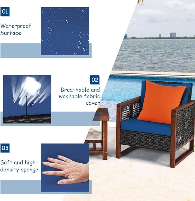 COSTWAY 3 Pieces Wicker Patio Furniture Set, Outdoor Wicker Sofa with Acacia Wood Frame, Coffee Table & Washable Cushions, Rattan Conversation Sets for Yard, Porch Bistro Balcony, Backyard, Navy Blue