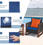 COSTWAY 3 Pieces Wicker Patio Furniture Set, Outdoor Wicker Sofa with Acacia Wood Frame, Coffee Table & Washable Cushions, Rattan Conversation Sets for Yard, Porch Bistro Balcony, Backyard, Navy Blue