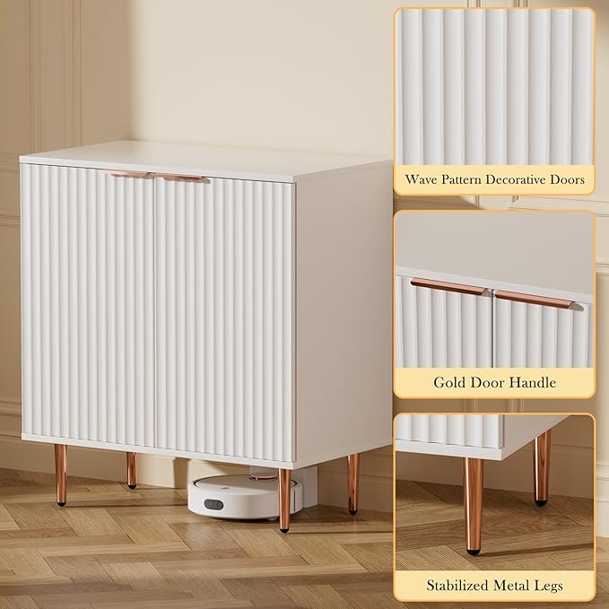 EOYUTLLY White Fluted Buffet Storage Cabinet,Wood Sideboard Buffet Cabinet with Adjustable Shelf & Rose Gold Colored Metal Legs, Accent Cabinet for Living Room,Kitchen, Assemble Easily