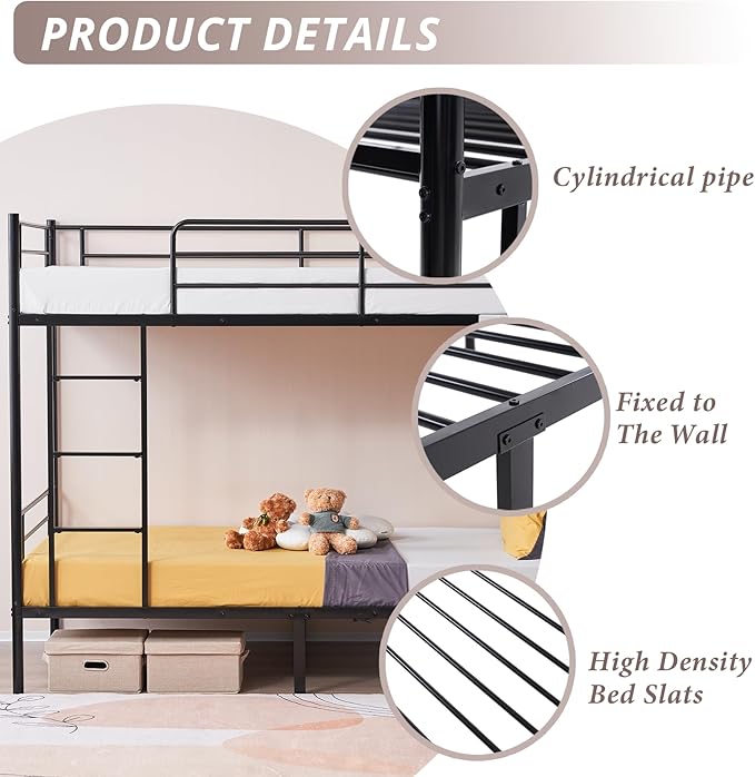Karl home Black Bunk Bed Twin Over Twin, Metal Bunk Bed with Built-in Ladder and Safety Guardrail, Space-Saving Twin Bunk Beds for Kids, Teens & Adults, No Box Spring