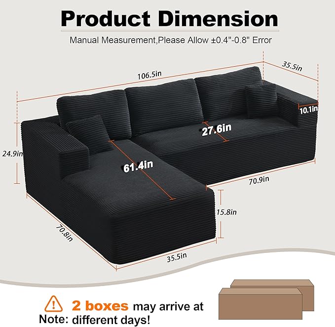 106" Cloud Modular Sectional Sofa Couch with L-Shape Chaise,Modern Boneless Sectional Couch with Deep Seat,Upholstered Couches for Living Room Bedroom,No Assembly Required,Black