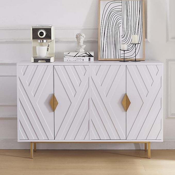Sideboard Buffet Cabinets with Storage, 47.2" Modern Storage Cabinets with Relief Doors, Accent Cabinets with Adjustable Shelves, Wood Console Cabinet for Dining Living Room, Entryway, White