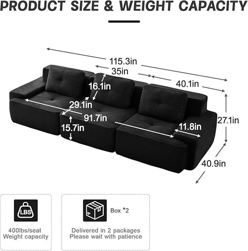 115.3” Black Boneless Couches for Living Room, Modular Sectional Sofa, 3 Seater Comfy Upholstered Deep Seat Corduroy Fabric Cloud Couch No Assembly, Anti-Slip Design