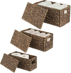 mDesign Woven Water Hyacinth Rectangle Storage Organizer Basket Bin with Topper Lid and Handles - Natural Farmhouse Holder Containers for Closet, Bedroom, Bathroom, Office - Set of 3 - Dark Brown