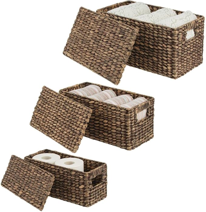 mDesign Woven Water Hyacinth Rectangle Storage Organizer Basket Bin with Topper Lid and Handles - Natural Farmhouse Holder Containers for Closet, Bedroom, Bathroom, Office - Set of 3 - Dark Brown