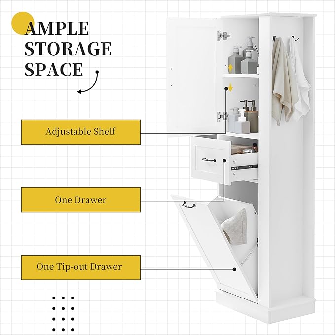 Tall Storage Cabinet, Multi-Use Bathroom Floor Freestanding Storage Cabinet with One Drawer, Adjustable Shelf, and One Tilt-Out Compartment for Bathroom, Office, Living Room, White