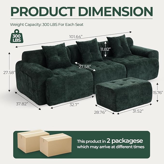 101.65” Modular Sectional Couch for Living Room, Modren L-Shape Cloud Sectional 3-Seater Sofa with Movable Ottoman, Woven Texture Upholstery Boneless Couch, No Assembly, Green