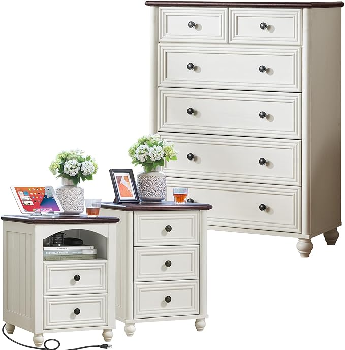Farmhouse Dressers and Night Stand Set of 3, Wood 43.5'' Tall Dresser and 18'' Wide Chest of Drawers, Roman Column Nightstand Set of 2, Bedroom Furniture Dresser Suites for Living Room, Hallway, Home