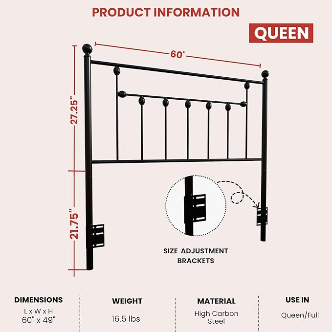 Victorian Metal Headboards, Adjustable Height Iron Frame, Rustic Farmhouse Style, Elegant and Durable Design, Easy Assembly, Universal Fit for Kids & Adults, Queen Size, Black Finish