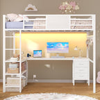 ADORNEVE Loft Bed Full Size with L-Shaped Desk, 3 Storage Drawers, Power Outlet, 3 Storage Shelves, Metal Loft Bed Frame with RGB Lights, Bed with Safety Guardrail & Ladders,Space-Saving, White