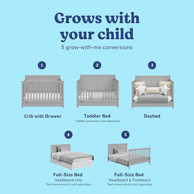 Graco Hadley 5-in-1 Convertible Crib with Drawer (Pebble Gray) – GREENGUARD Gold Certified, Crib with Drawer Combo, Full-Size Nursery Storage Drawer, Converts to Toddler Bed, Daybed