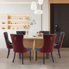 Leather Upholstered Dining Chairs Set of 6, Modern Style Kitchen Side Chairs with Nailhead Trim and Wood Leg, Metal Pulling Ring for Dining Room Living Room(Black&Wine Red)