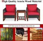 COSTWAY 3 Pieces Wicker Patio Furniture Set, Outdoor Wicker Sofa with Acacia Wood Frame, Coffee Table & Washable Cushions, Rattan Conversation Sets for Yard, Porch, Bistro, Balcony, Backyard, Red
