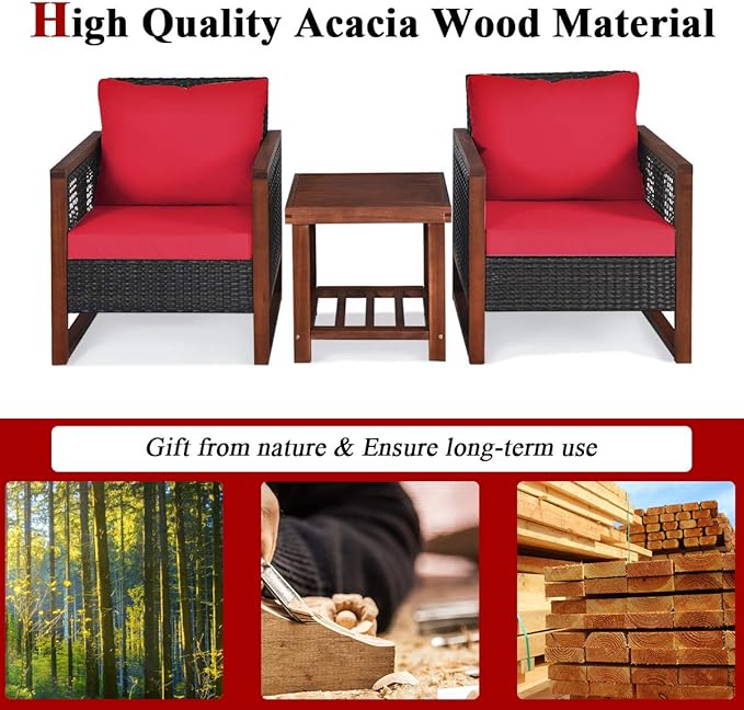 COSTWAY 3 Pieces Wicker Patio Furniture Set, Outdoor Wicker Sofa with Acacia Wood Frame, Coffee Table & Washable Cushions, Rattan Conversation Sets for Yard, Porch, Bistro, Balcony, Backyard, Red