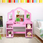 GOFLAME Kids Vanity Table, 2 in 1 Detachable Design with Dressing Table and Writing Desk, Princess Makeup Dressing Table with 4 Large Storage Shelves and 3-Panel Mirror for Kids and Girls (Pink)