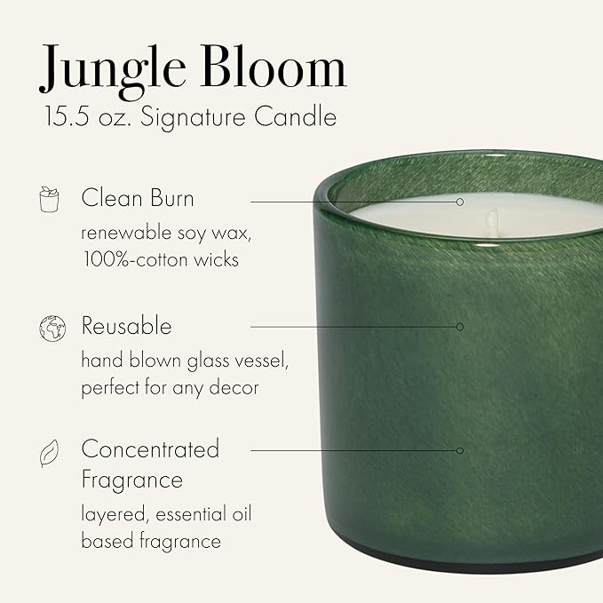 LAFCO New York Signature Candle, Jungle Bloom - 15.5 oz - 90-Hour Burn Time - Reusable, Hand Blown Glass Vessel - Made in The USA