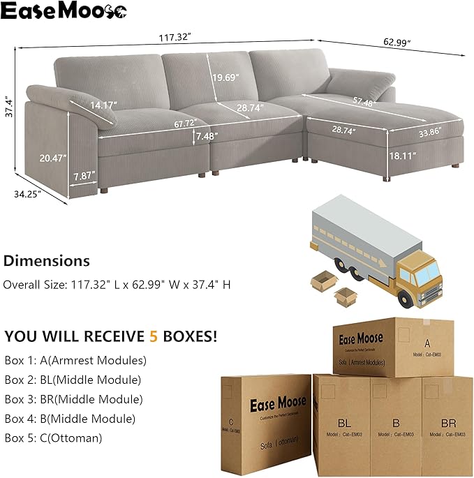 EASE MOOSE Oversized Modular Sectional Sofa, Extra Large L Shape Sectional Cloud Couch,Comfty Deep Modular Sofa with Ottoman，for Living Room