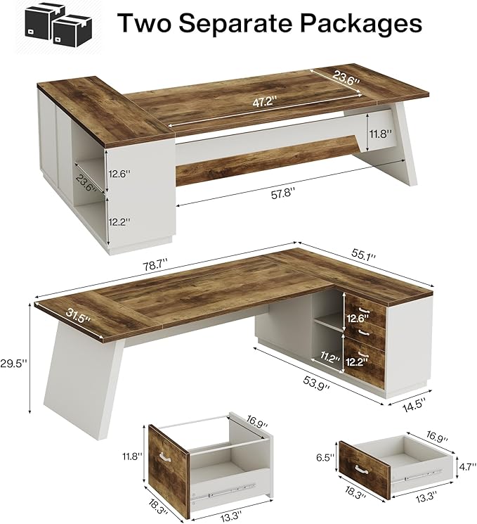 Tribesigns L-Shaped Executive Desk, 78-Inch Modern Office Desk with Drawers and Lateral File Cabinet, Large Bussiness Furniture with Storage Shelves, Workstation for Home Office (Brown + White)