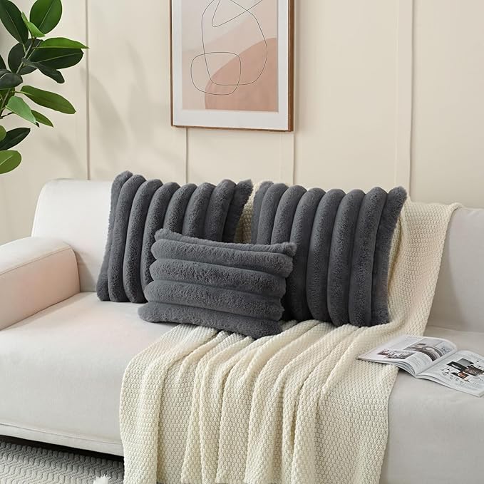 FUTEI Dark Grey Decorative Throw Pillow Covers 24x24 Inch Set of 2, Square Soft Faux Rabbit Fur Big Striped Pillow Sham,Home Decor for Couch Sofa Bed Living Room