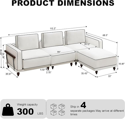 112" 3 Seater Cloud Couch with Ottoman,Modular Sectional L Shaped Sofa with Armrests Wooden Legs,Oversized Deep Seat Comfy Thicked Cushion Upholstered Sofa for Living Room Bedroom,White
