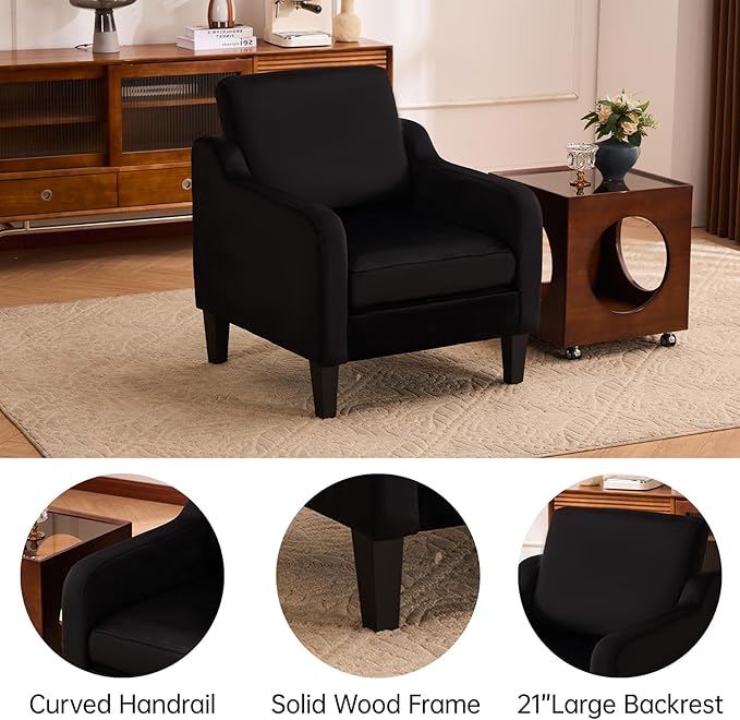 Accent Chairs Set of 2 with Soft Armrest, Modern Living Room Chairs, Upholstered Comfy Chair with Cushion, Boucle Pottery Barn Accent Chair, Single Armchair, Black