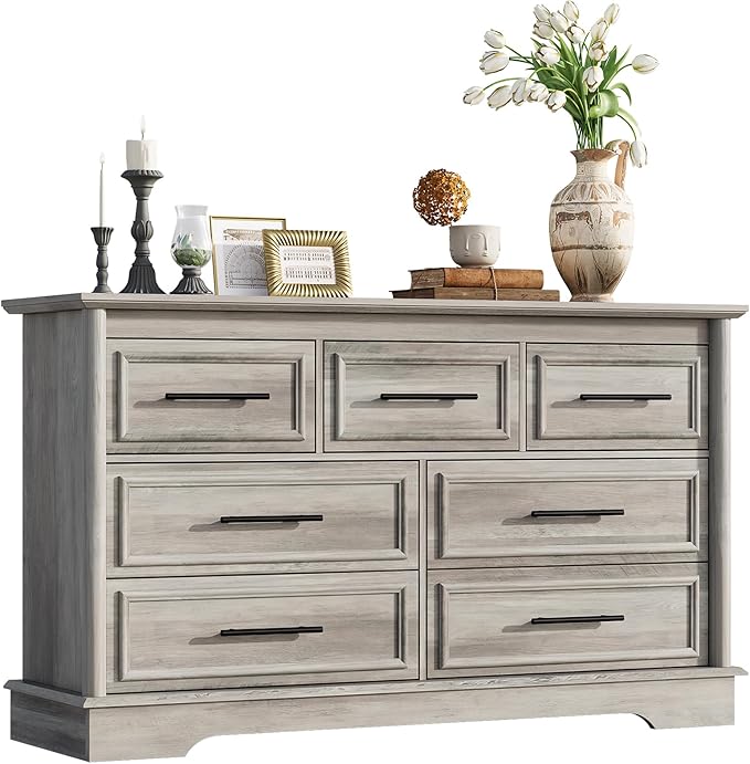 LGHM 7 Drawers Dresser for Bedroom, 54" Wide Chest of Drawers with Smooth Gliding Drawers, Gray Wood Dresser, Sturdy Storage Dressers Organizer with Metal Handles for Home Office, Farmhouse, Nursery