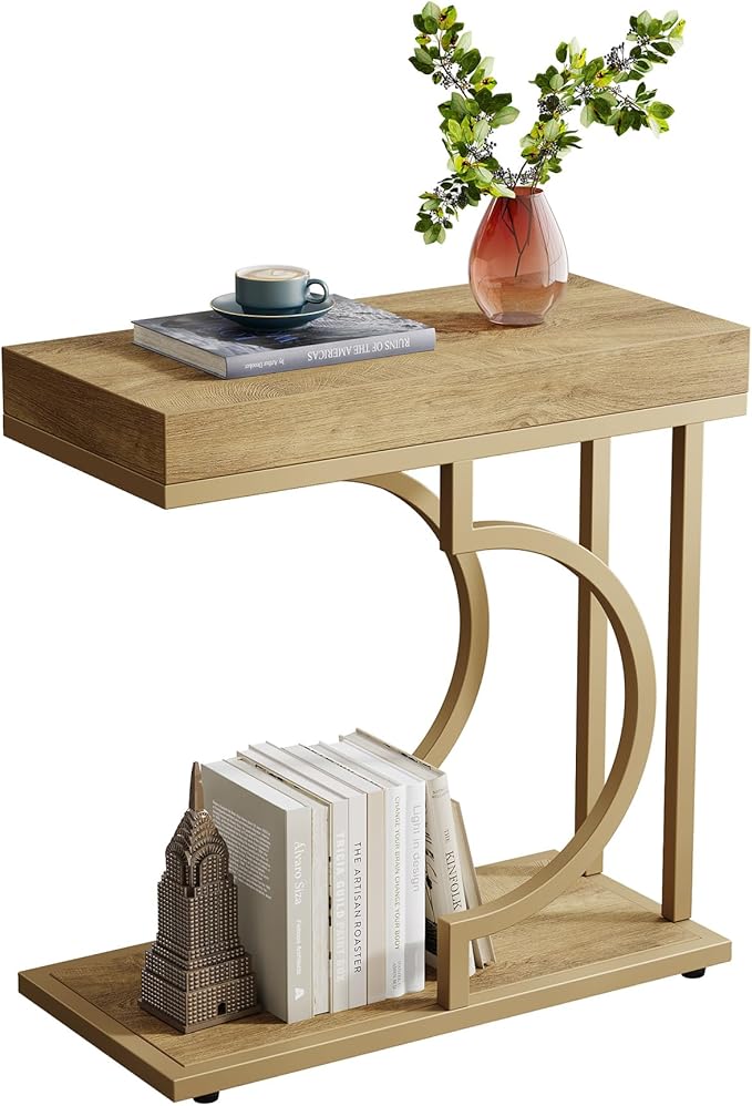 Tribesigns Narrow Side Table C Shaped End Table Modern Bedside Tables for Couch, Small Sofa Chairside Tables with Metal Frame for Living Room (2, Natural+Wood Tones)