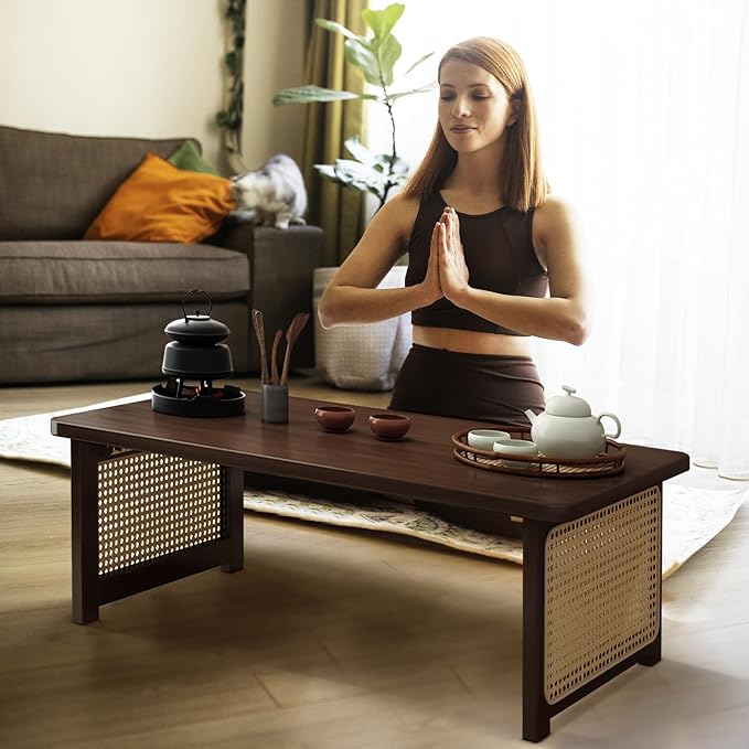Foldable Japanese Floor Table Lightweight,No Assembly Required, Eco-Friendly Wood,Low Table for Sitting on the Floor, Perfect for Tatami,Meditation,Living Room Use (Walnut Color, 47.24 INCH)