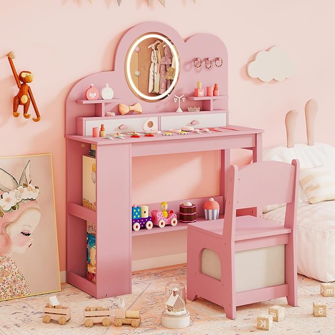 Costzon Kids Vanity, Girls Vanity Set with Lighted Mirror, Bookshelf, Drawers, Hooks & Storage Shelves, Toddler Makeup Vanity Desk Dressing Table, Wooden Kids Vanity Table and Chair Set (Pink)