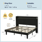 Allewie King Size Platform Bed Frame with USB Charging Station and Storage Shelf/Upholstered Velvet Wingback Headboard/Wooden Slats Support/No Box Spring Needed/Easy Assembly, Black