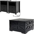 Farmhouse Coffee Table Set of 3, Lift Top Coffee Table with Sliding Barn Doors and Nightstands Set of 2 with Charging Station, Living Room Table Set for Home Office, Brown