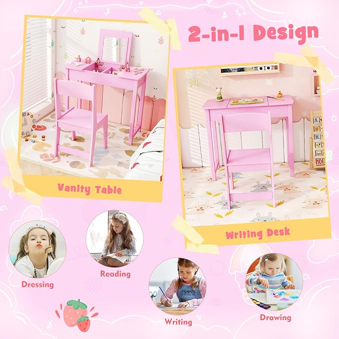 HONEY JOY Kids Vanity, Wooden Girls Vanity Desk with Flip Top Mirror, Hidden Storage Space, Toddler Makeup Vanity Dressing Table, Pretend Play Kids Vanity Table and Chair Set (Pink)