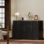 55.1" Buffet Cabinet with Storage, Charging Station, Modern Kitchen Buffet Sideboard with Drawer, Black Wood Coffee Bar with Adjustable Shelves & Spice Rack, Kitchen Storage Cabinet for Living Room